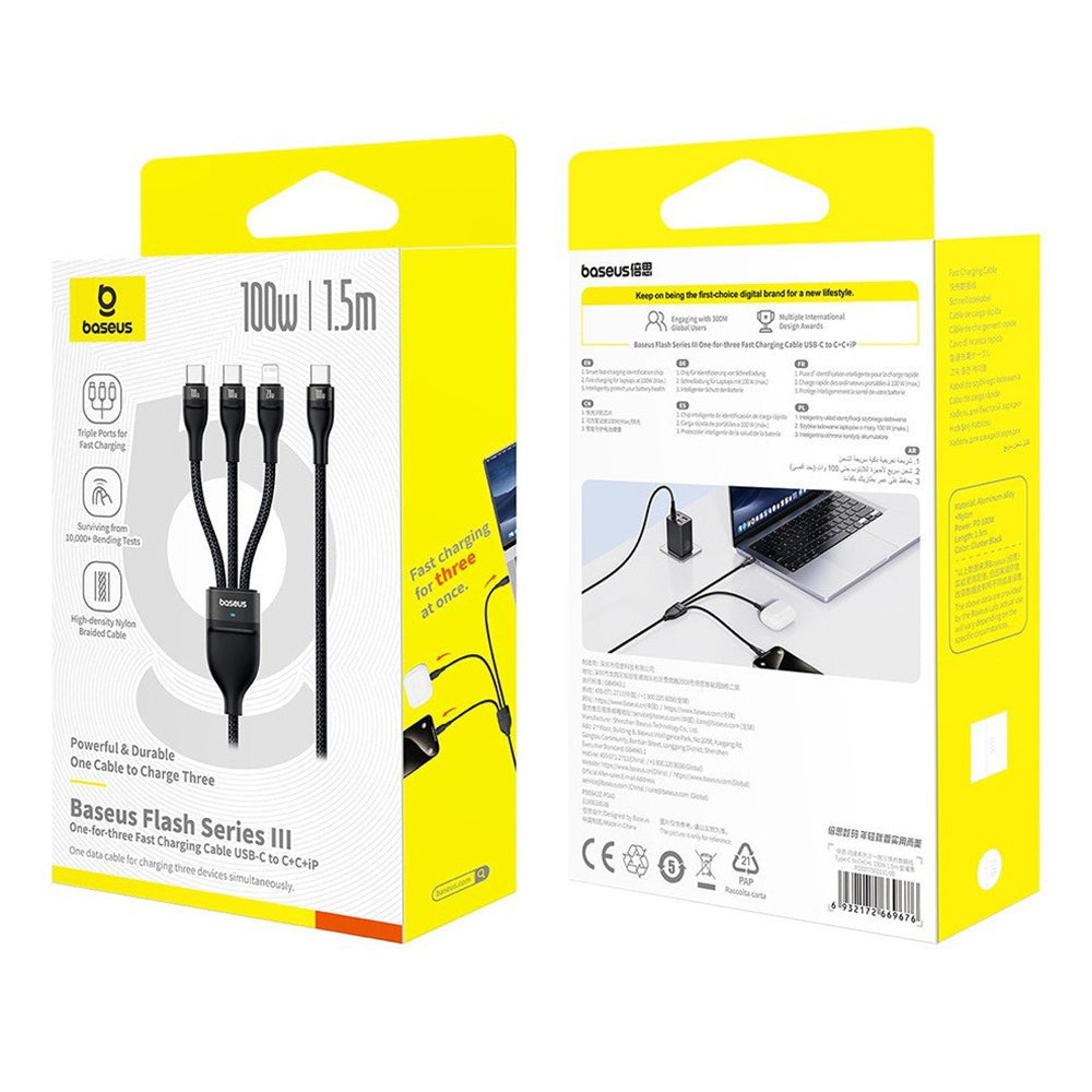 Baseus - Data Cable Flash Series 3 (P10377502111-00) - Fast Charge, USB-C to 2x USB-C, Lightning, 100W, 480Mbps, 1.5m - 