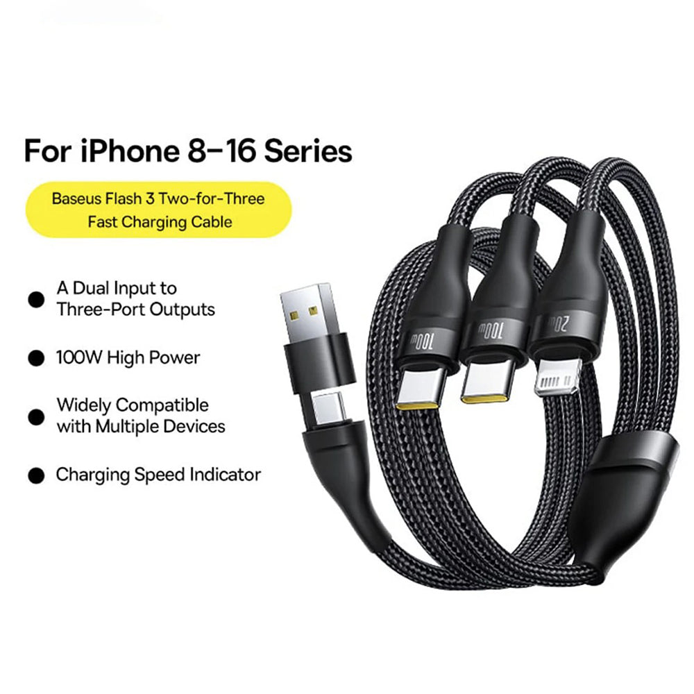 Baseus - Data Cable Flash Series 3 (P10377501111-00) - Fast Charge, USB, USB-C to Lightning, 2x USB-C, 100W, 1.5m - Blac