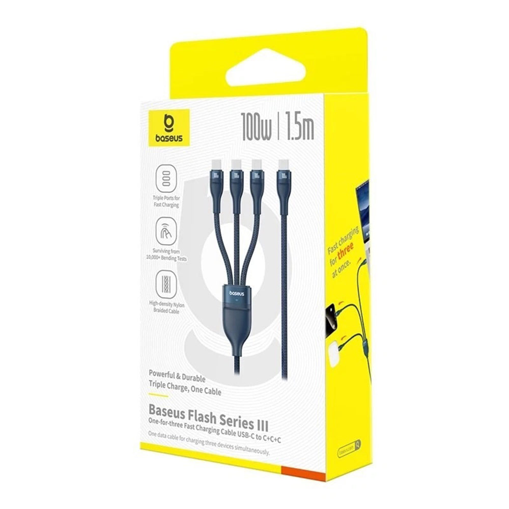 Baseus - Data Cable Flash Series 3 (P10377503321-00) - Fast Charge, USB-C to 3x Type-C, 3in1, PD100W, 480Mbps, 1.5m - Bl
