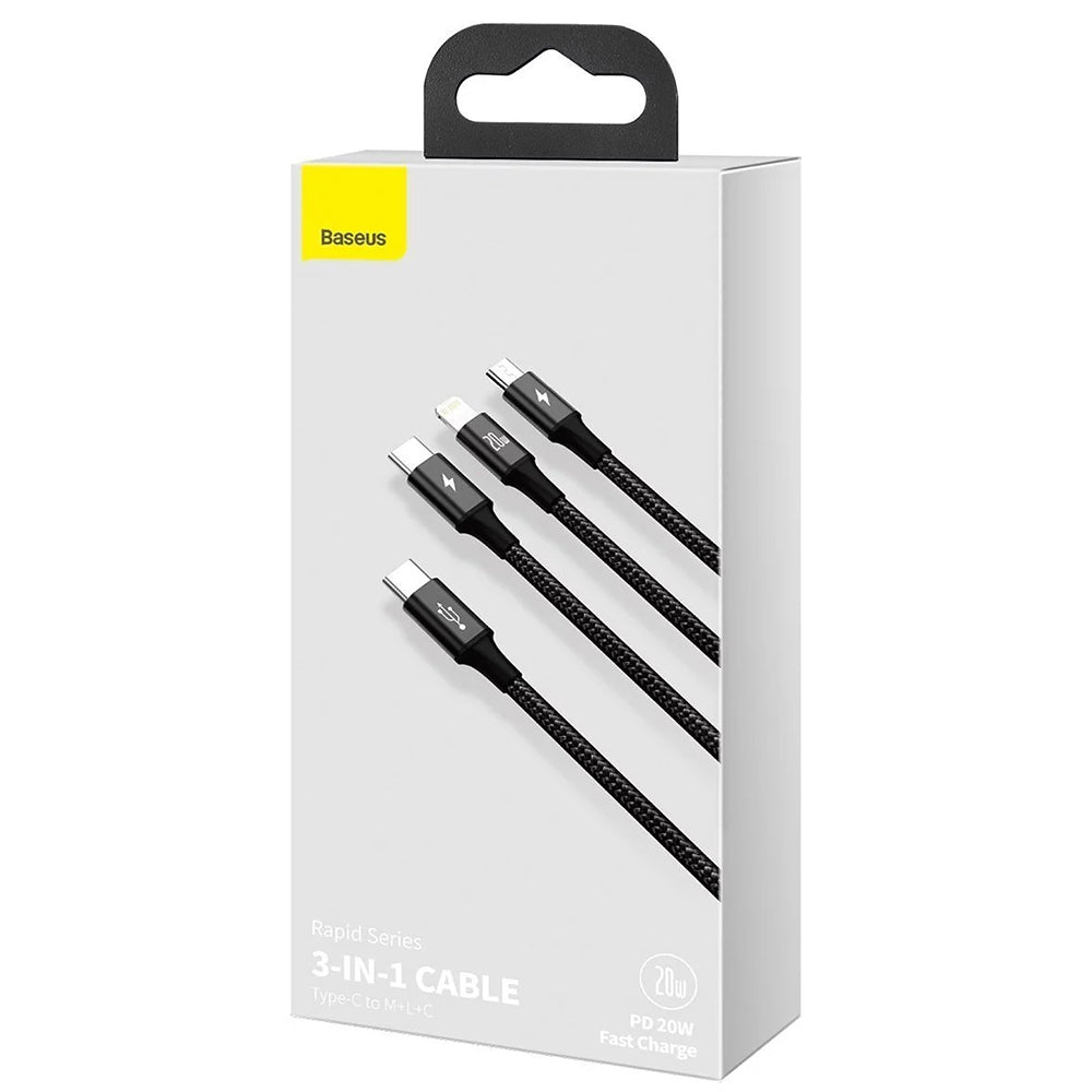 Baseus - Data Cable Rapid Series (CAMLT-SC01) - Fast Charge, 3in1, USB-C to Lightning, Micro-USB, USB-C, 20W, 1.5m - Bla