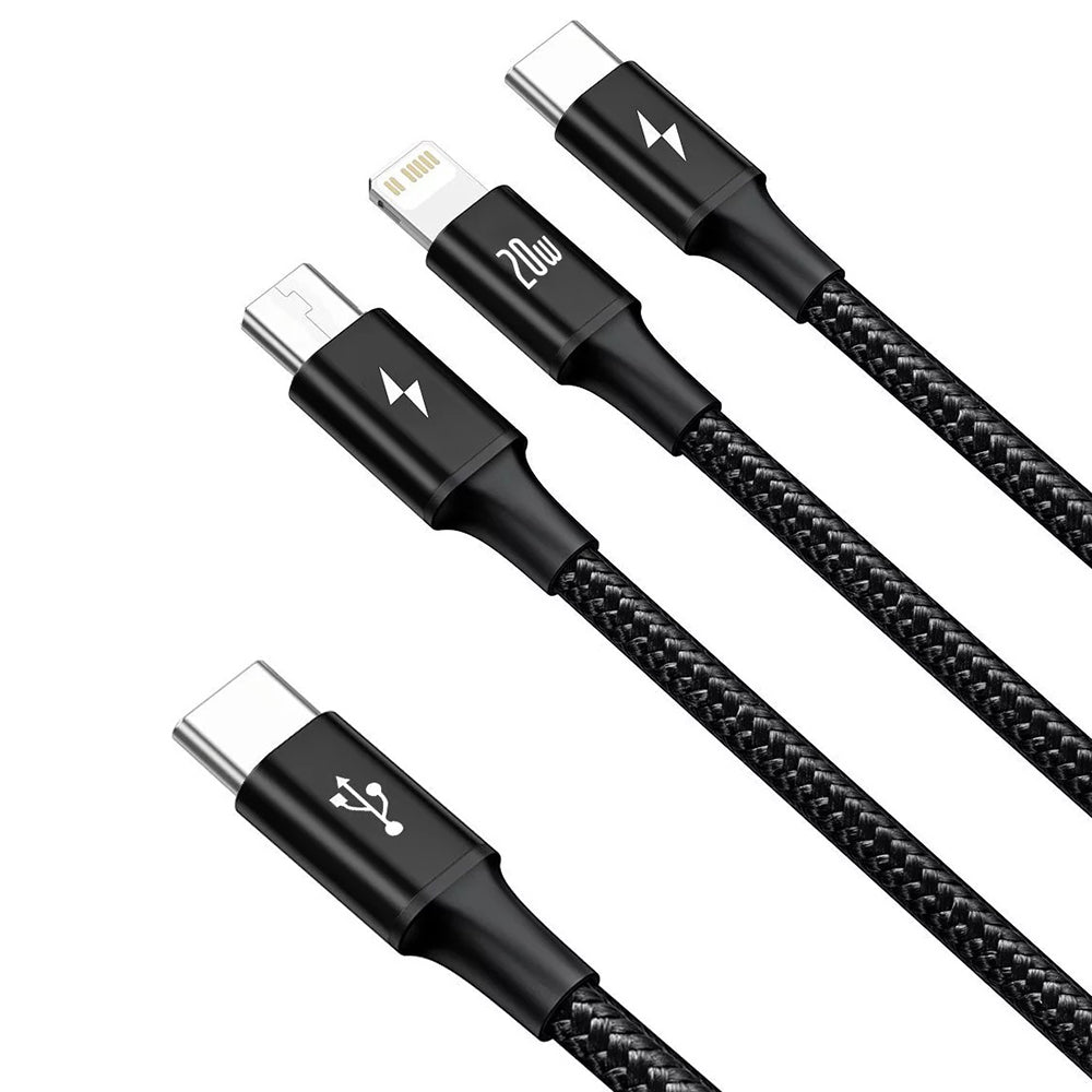 Baseus - Data Cable Rapid Series (CAMLT-SC01) - Fast Charge, 3in1, USB-C to Lightning, Micro-USB, USB-C, 20W, 1.5m - Bla