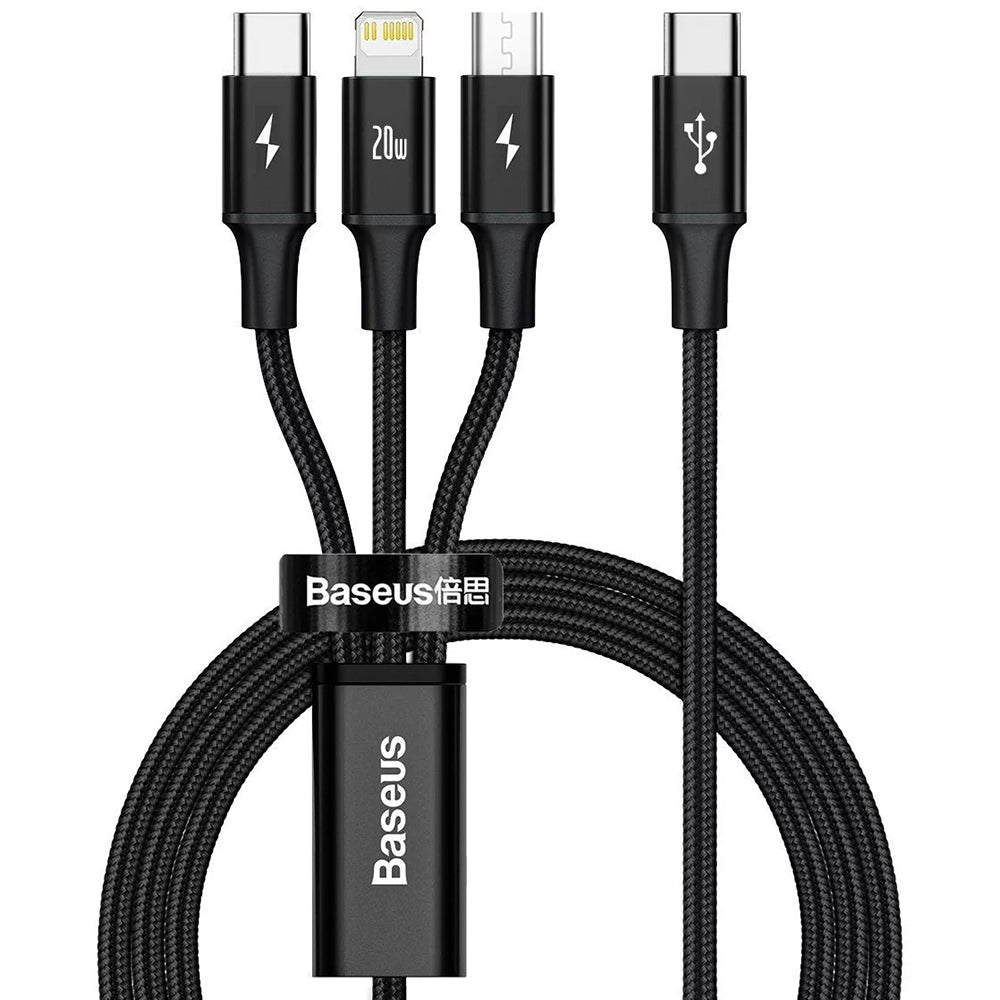 Baseus - Data Cable Rapid Series (CAMLT-SC01) - Fast Charge, 3in1, USB-C to Lightning, Micro-USB, USB-C, 20W, 1.5m - Bla