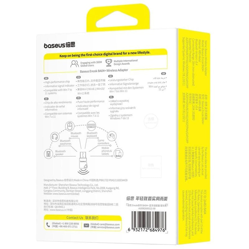 Baseus - Wireless Adapter Encok BA04+ (A10082600121-00) - for Windows, Bluetooth 5.4, Plug&Play, Ultra Low Latency - Bla