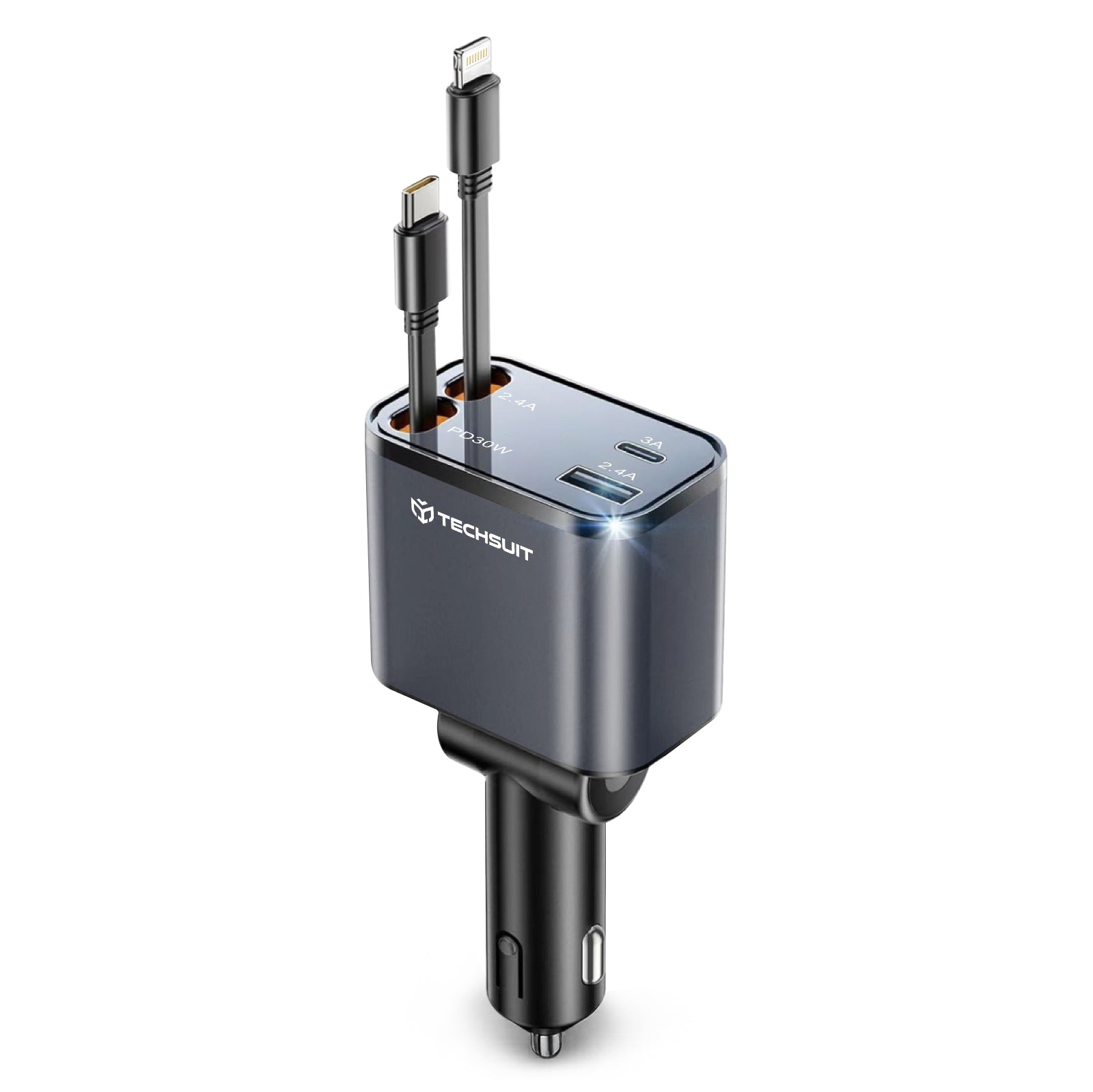 Techsuit - Premium Car Charger NanoVoltX (C1) - with Retractable USB-C, Lightning Cables, USB 2.4A, PD30W, 69W, 180° - G