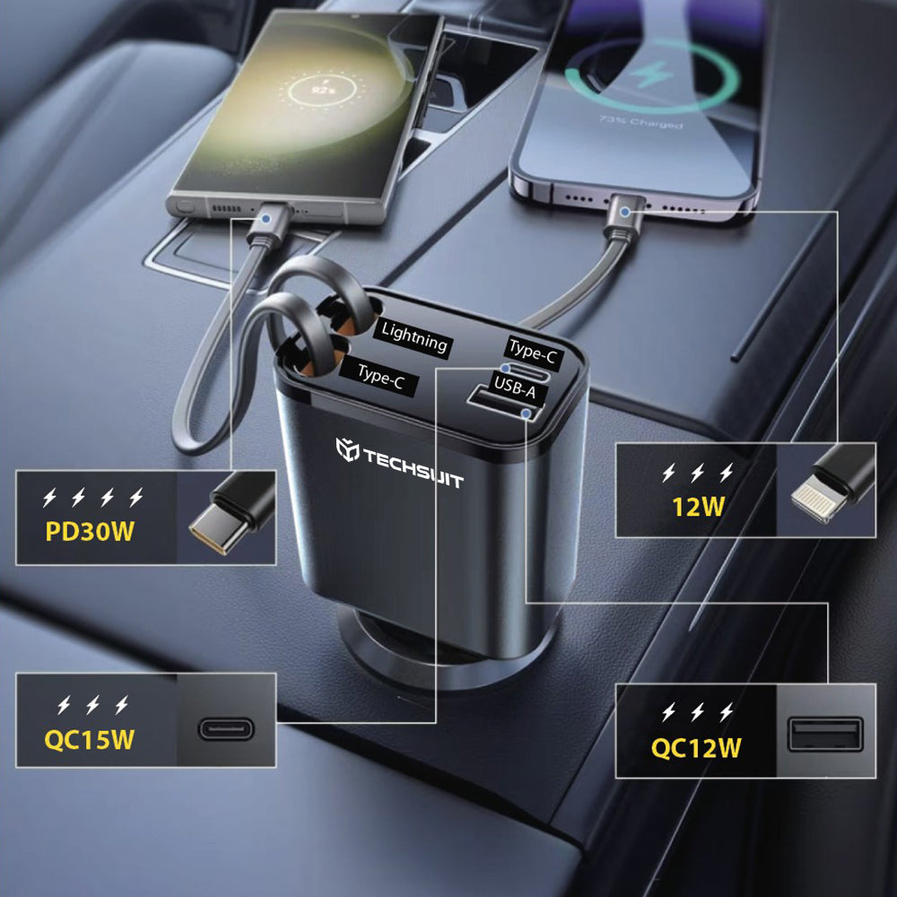 Techsuit - Premium Car Charger NanoVoltX (C1) - with Retractable USB-C, Lightning Cables, USB 2.4A, PD30W, 69W, 180° - G