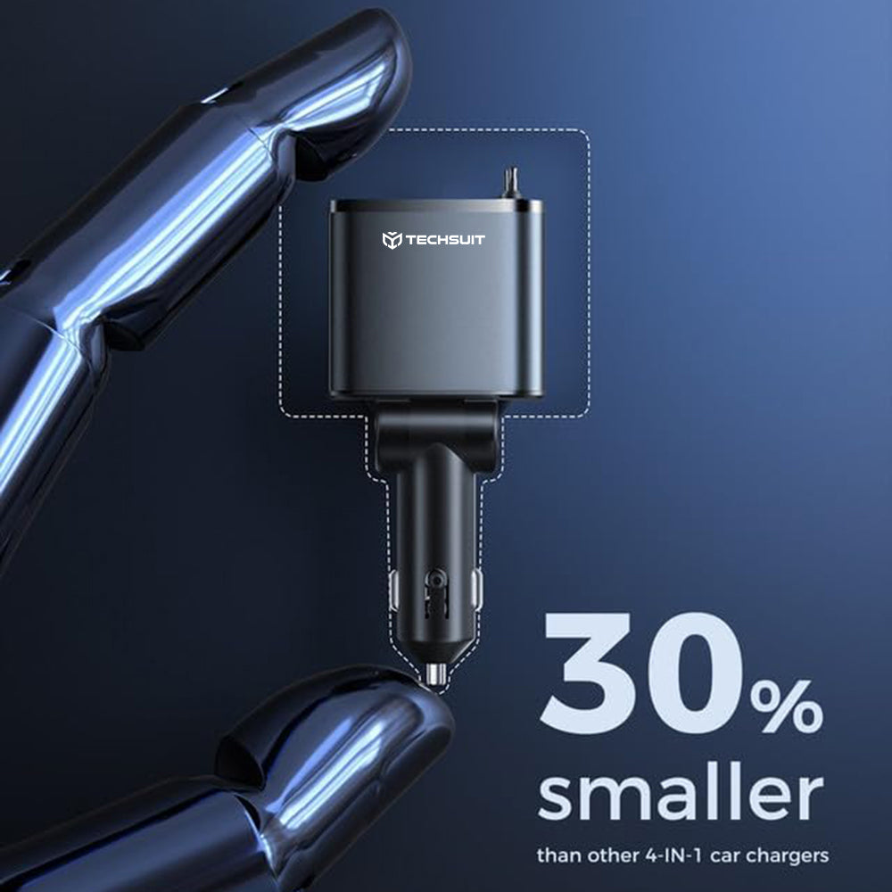 Techsuit - Premium Car Charger NanoVoltX (C1) - with Retractable USB-C, Lightning Cables, USB 2.4A, PD30W, 69W, 180° - G