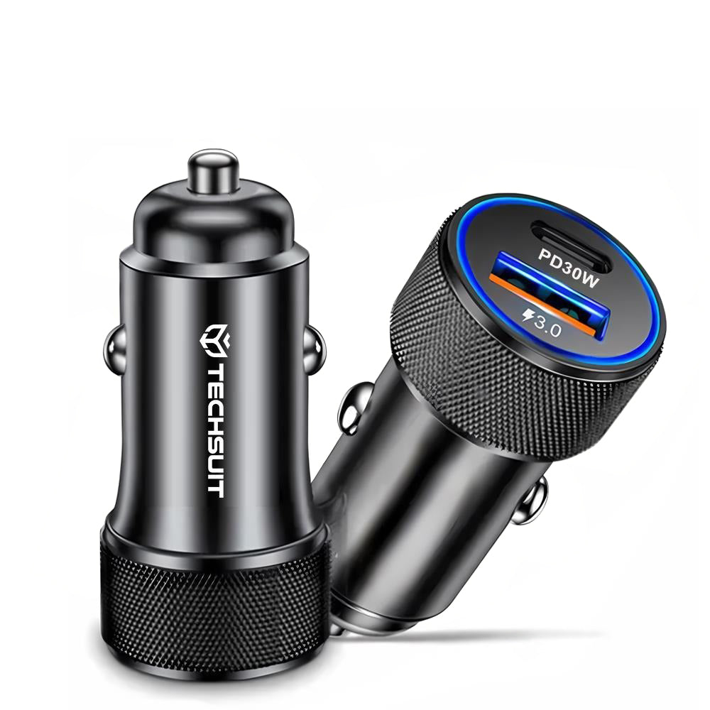 Techsuit - Premium Car Charger VoltDuo (C2) - with LED Light, USB QC 3.0, Type-C PD30W, 5V/3A, ABS, Metal - Black