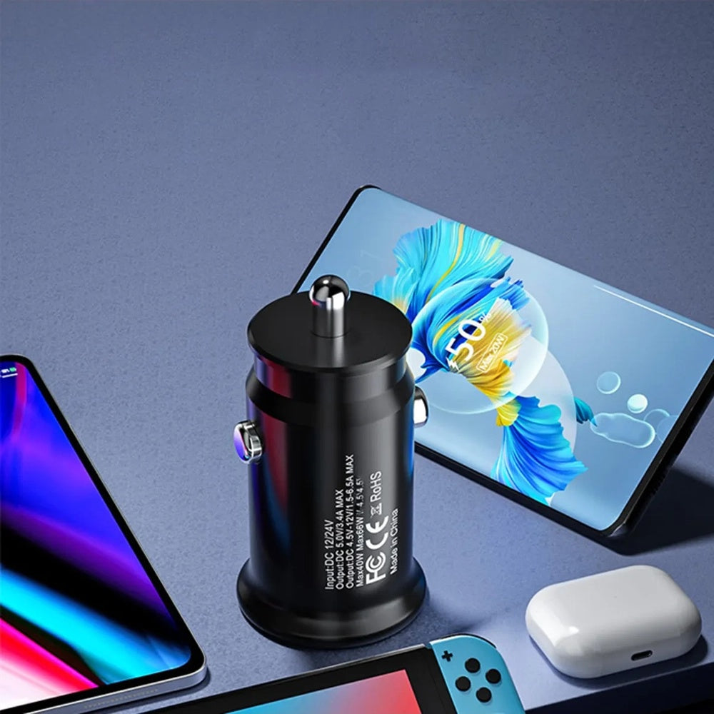 Techsuit - Premium Car Charger MiniFuseX (C4) - Fast Charge, Mini Design, 2in1 USB QC 4.0, Type-C PD20W, ABS - Black