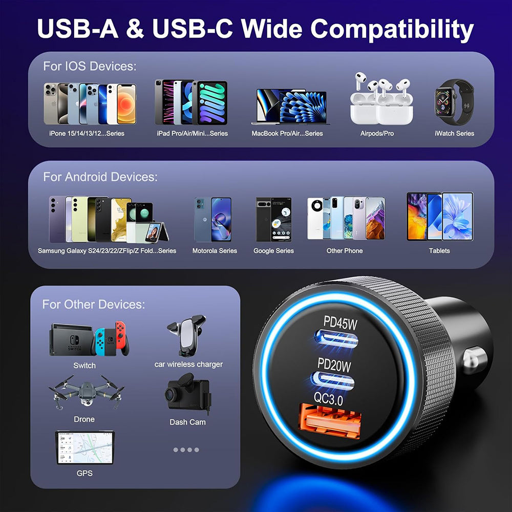 Techsuit - Premium Car Charger DriveBoost (C6) - Fast Charge, LED Light, USB, 2x Type-C 60W, 5V/3A, Aluminium Alloy - Si