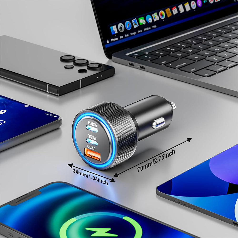 Techsuit - Premium Car Charger DriveBoost (C6) - Fast Charge, LED Light, USB, 2x Type-C 60W, 5V/3A, Aluminium Alloy - Si