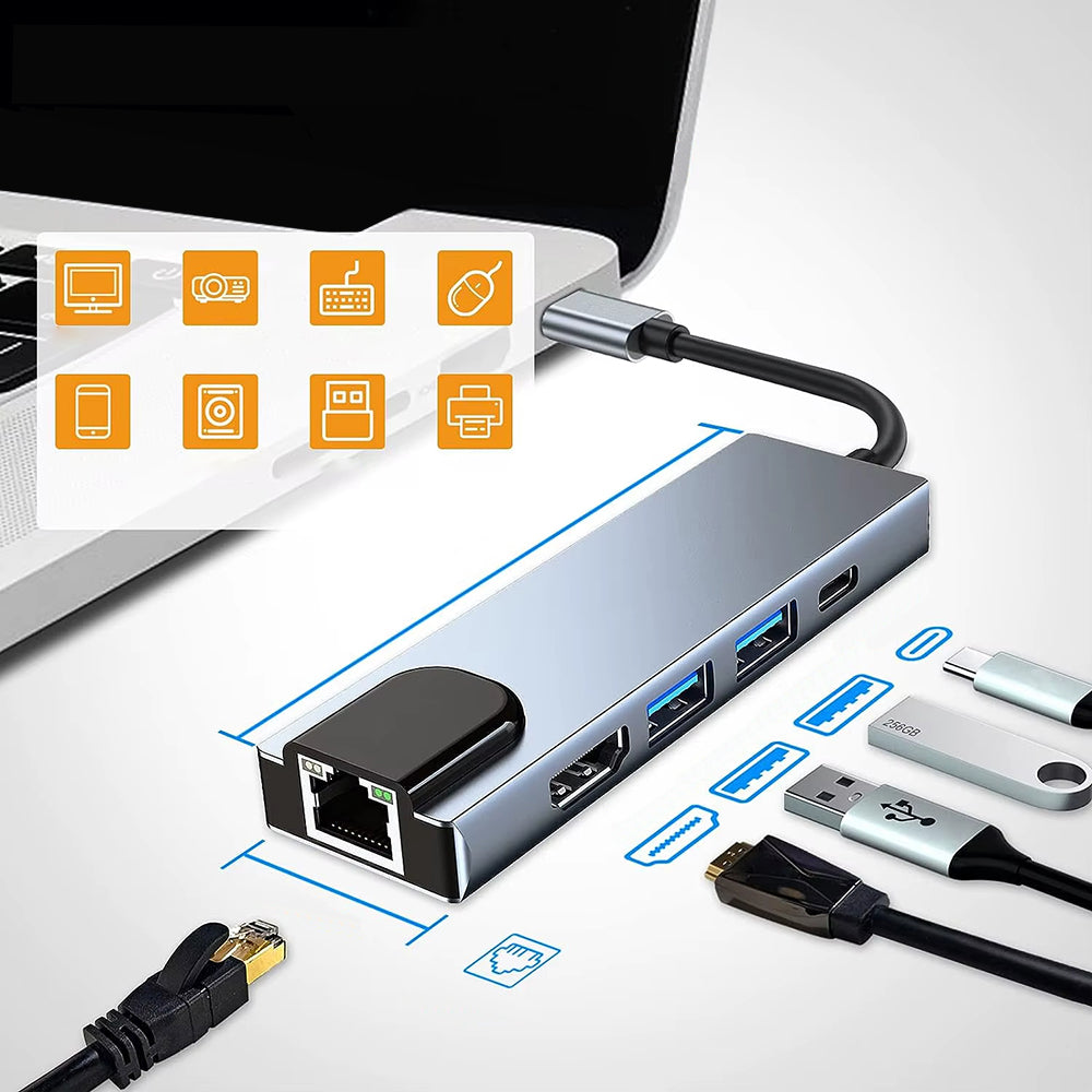Techsuit - Docking Station NetBridge 5 in 1 (H1) - Type-C to 1x USB2.0, 1x USB3.0, 1x Type-C, 1x HDMI, 1x RJ45, PD87W, 4