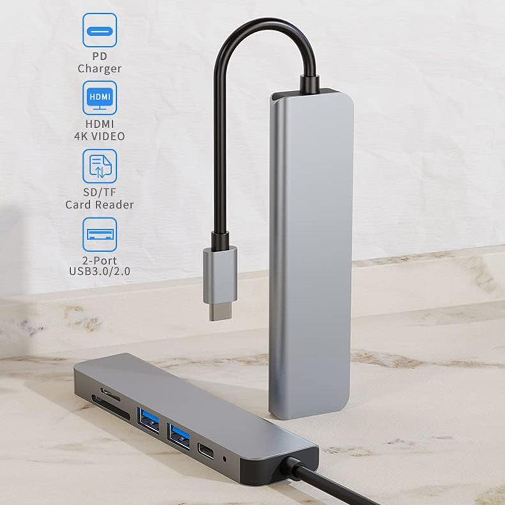 Techsuit - Docking Station TurboChargeX 6 in 1 (H5) - Type-C to 2x USB, Type-C, HDMI, TF/SD Card, PD100W, 4K@30Hz - Gray