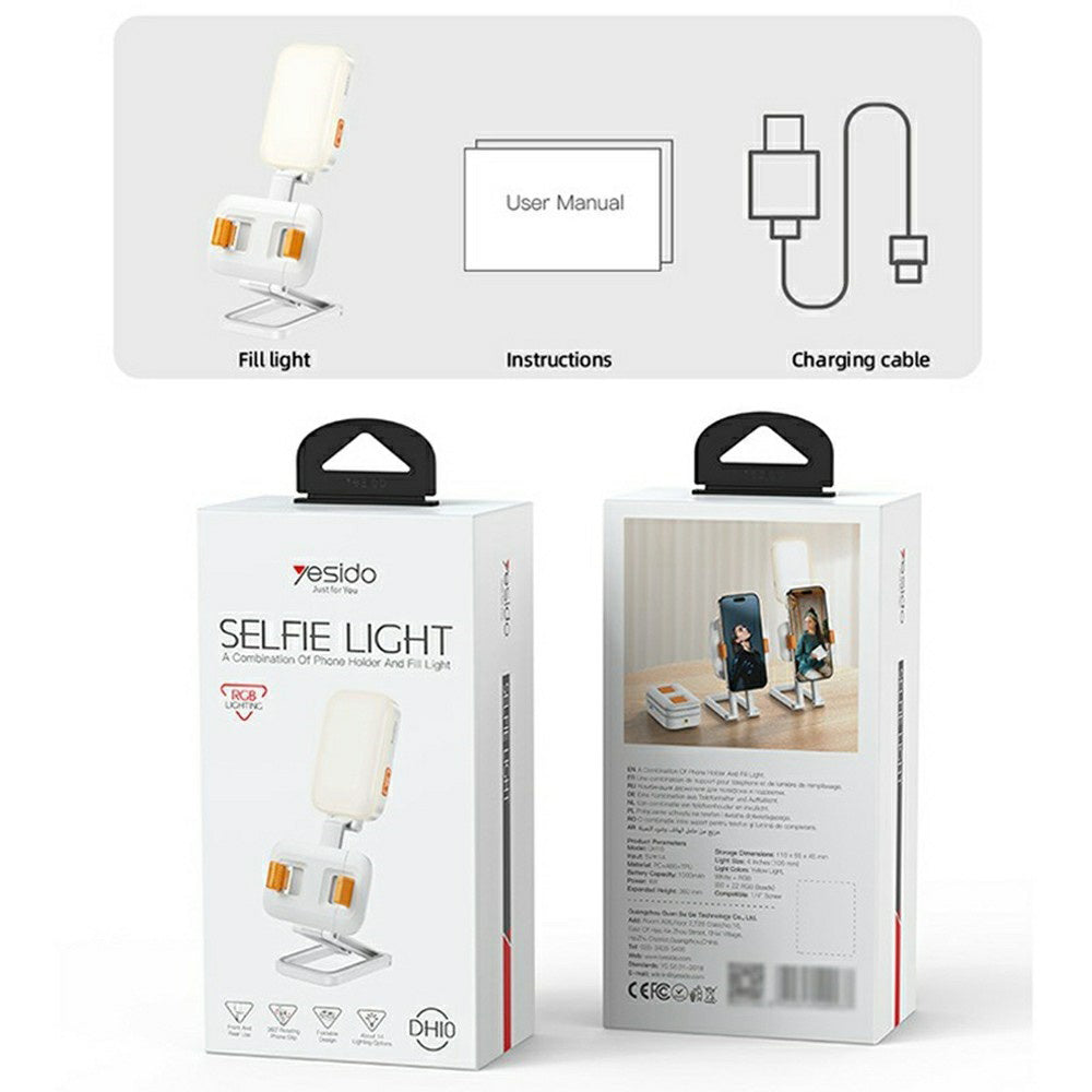 Yesido - Desk Phone Holder (DH10) - with Beauty Refill Light, Adjustable, 1000mAh, 4.7-7" - White