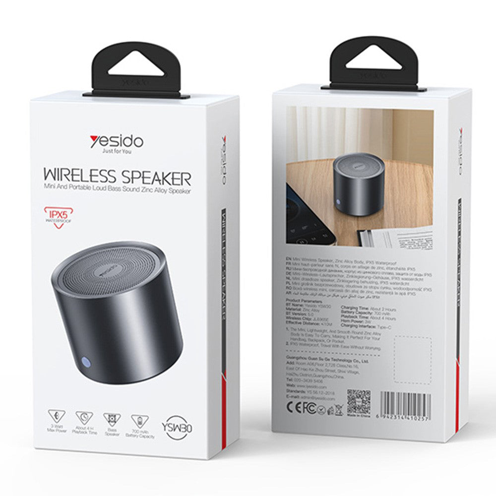 Yesido - Wireless Speaker (YSW30) - Bluetooth 5.0, Bass Diaphragm, Ultra Mini Size, IPX5 Waterproof, Type-C, 700mAh - Bl
