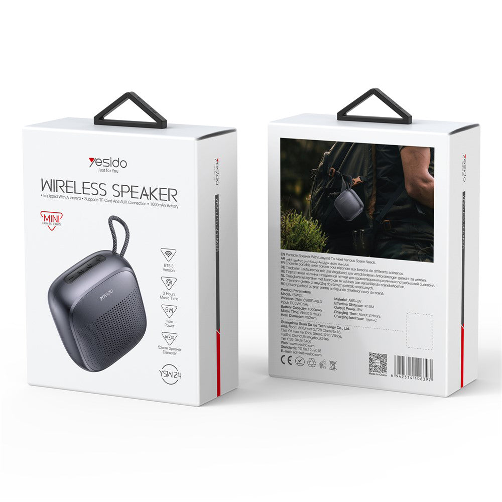Yesido - Wireless Speaker (YSW24) - Bluetooth 5.3, Mini Design, Waterproof, Lanyard, TF, AUX, Type-C, 1000mAh - Black