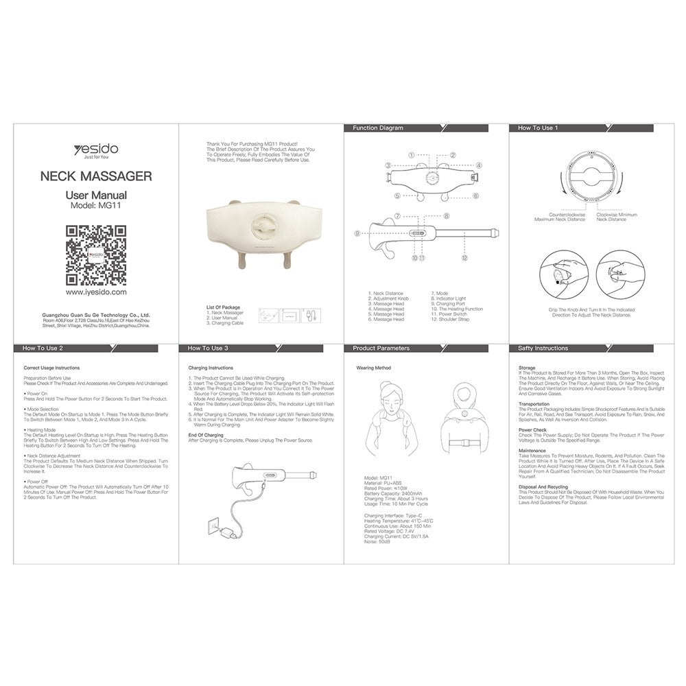 Yesido - Neck Massager (MG11) - Adjustable, 3 Versatile Massage Modes, Soothing Heat Therapy, 2400mAh - Beige