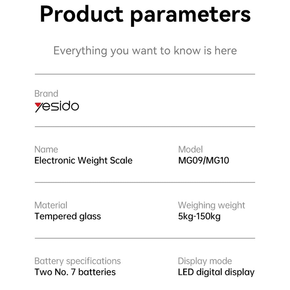 Yesido - Digital Scale Body Weight (MG10) - LED Display, Tempered Glass, 5-150kg - Black