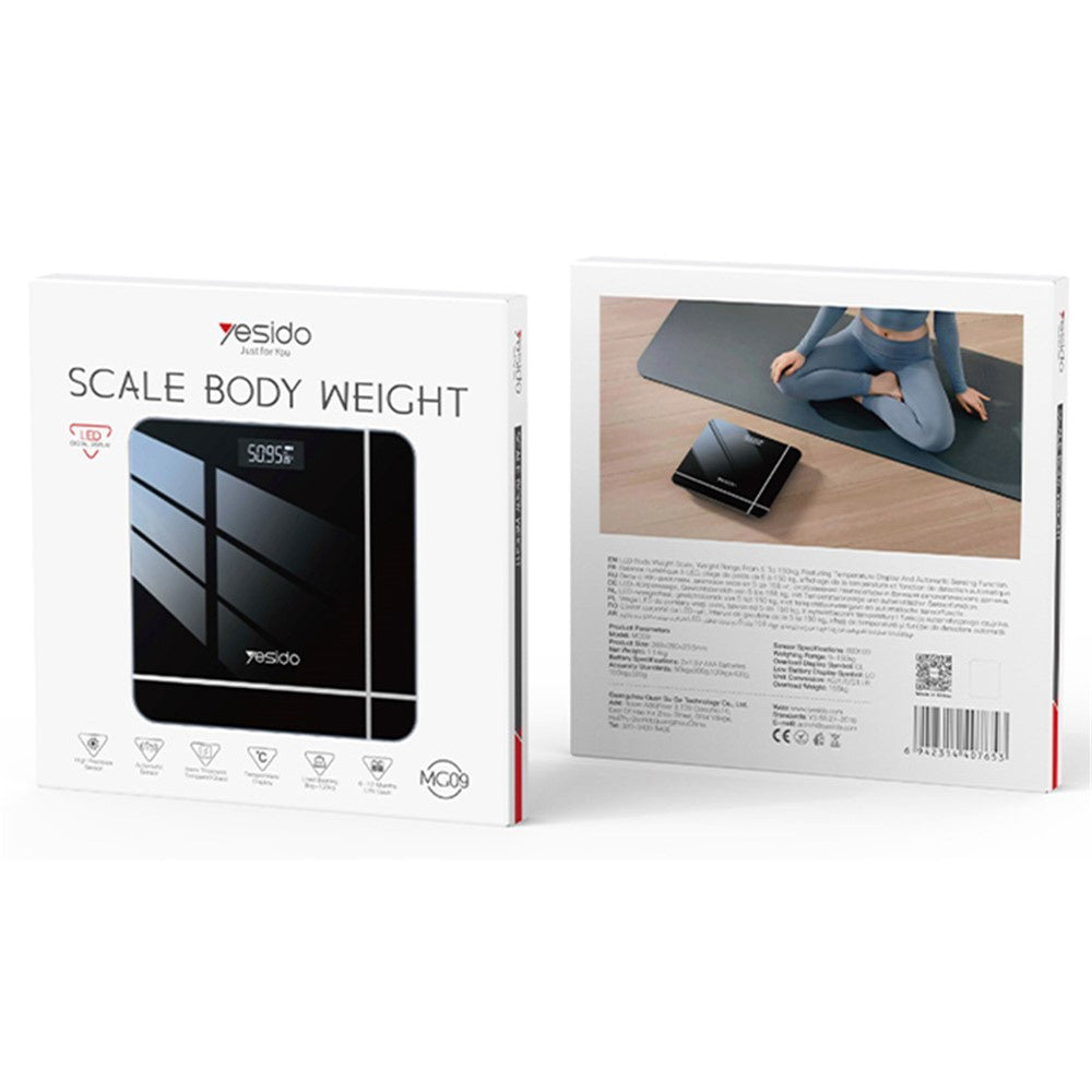 Yesido - Digital Scale Body Weight (MG10) - LED Display, Tempered Glass, 5-150kg - Black
