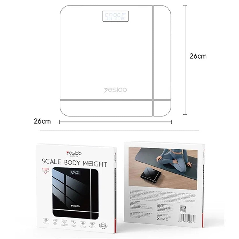 Yesido - Digital Scale Body Weight (MG09) - LED Display, Tempered Glass, 5-150kg - Black