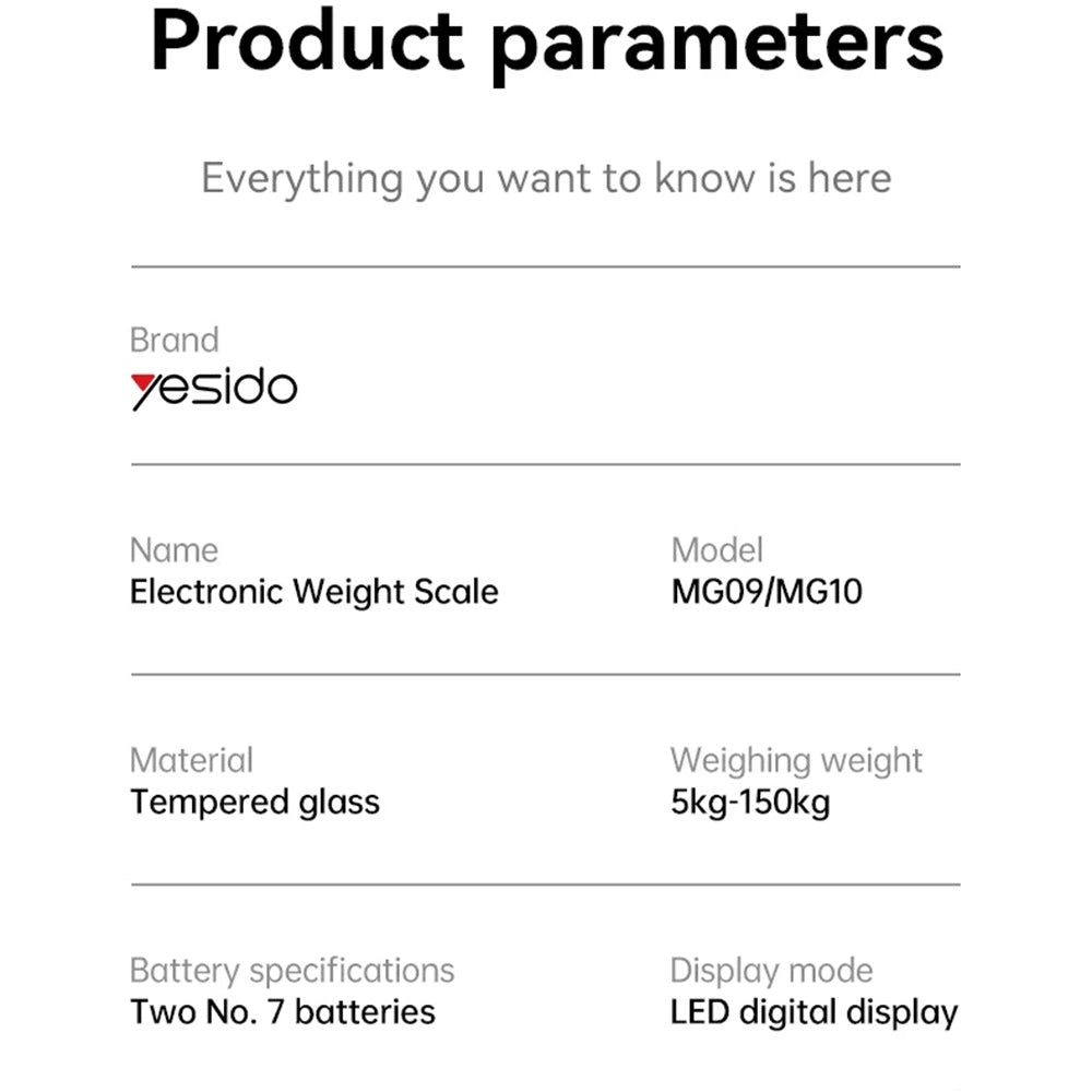 Yesido - Digital Scale Body Weight (MG09) - LED Display, Tempered Glass, 5-150kg - Black