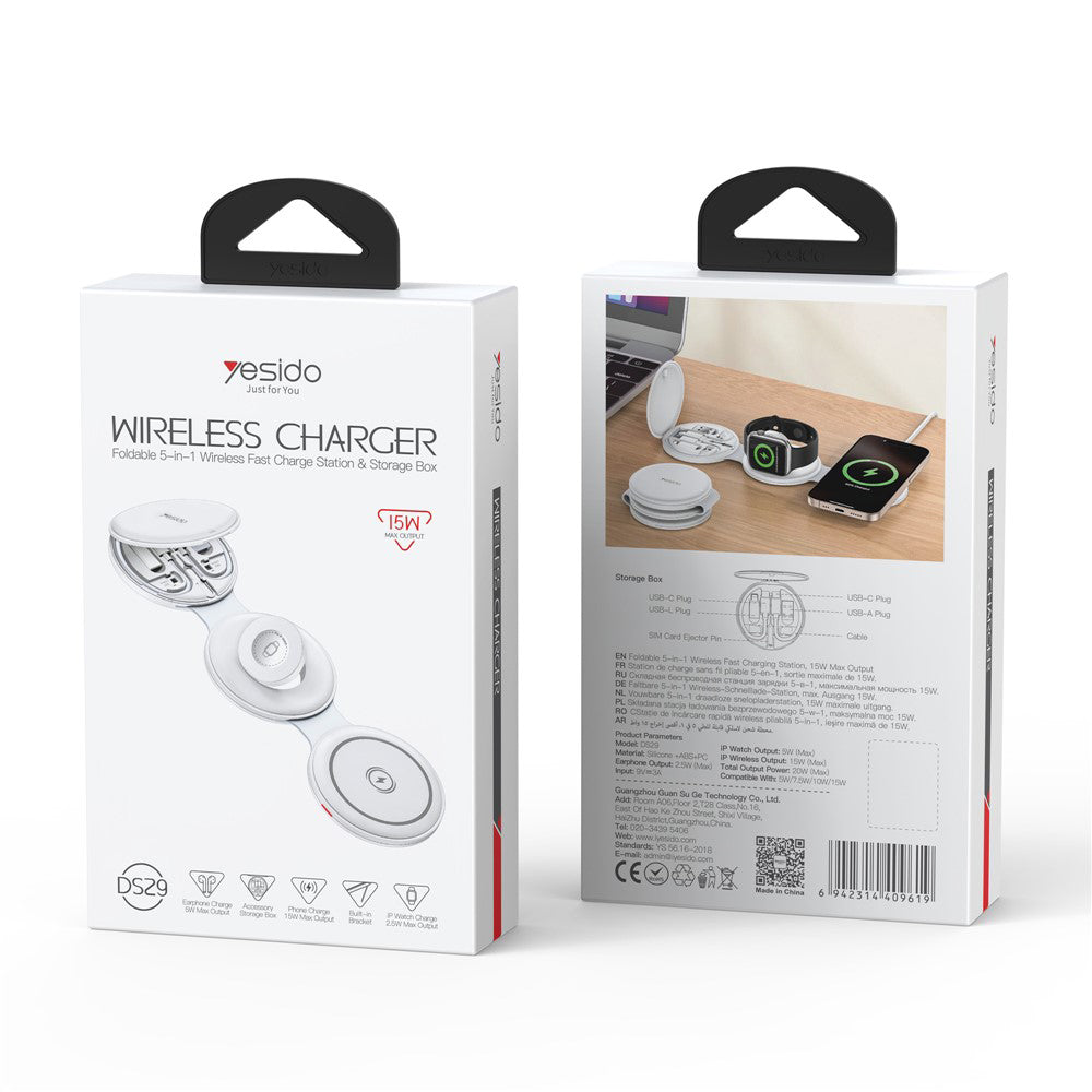 Yesido - Wireless Charging Station 5in1 (DS29) - for iPhone, Earbuds, Apple Watch, Magnetic, Foldable, Holder - White