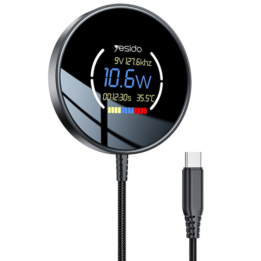 Yesido - Wireless Charging Station (DS28) - Magnetic Grip, Digital Display, Fast Charging, 15W, Type-C Cable, 1.2m - Bla