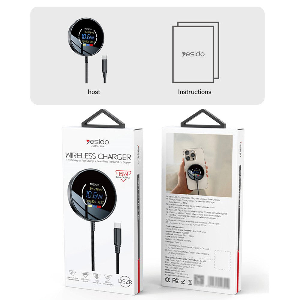 Yesido - Wireless Charging Station (DS28) - Magnetic Grip, Digital Display, Fast Charging, 15W, Type-C Cable, 1.2m - Bla