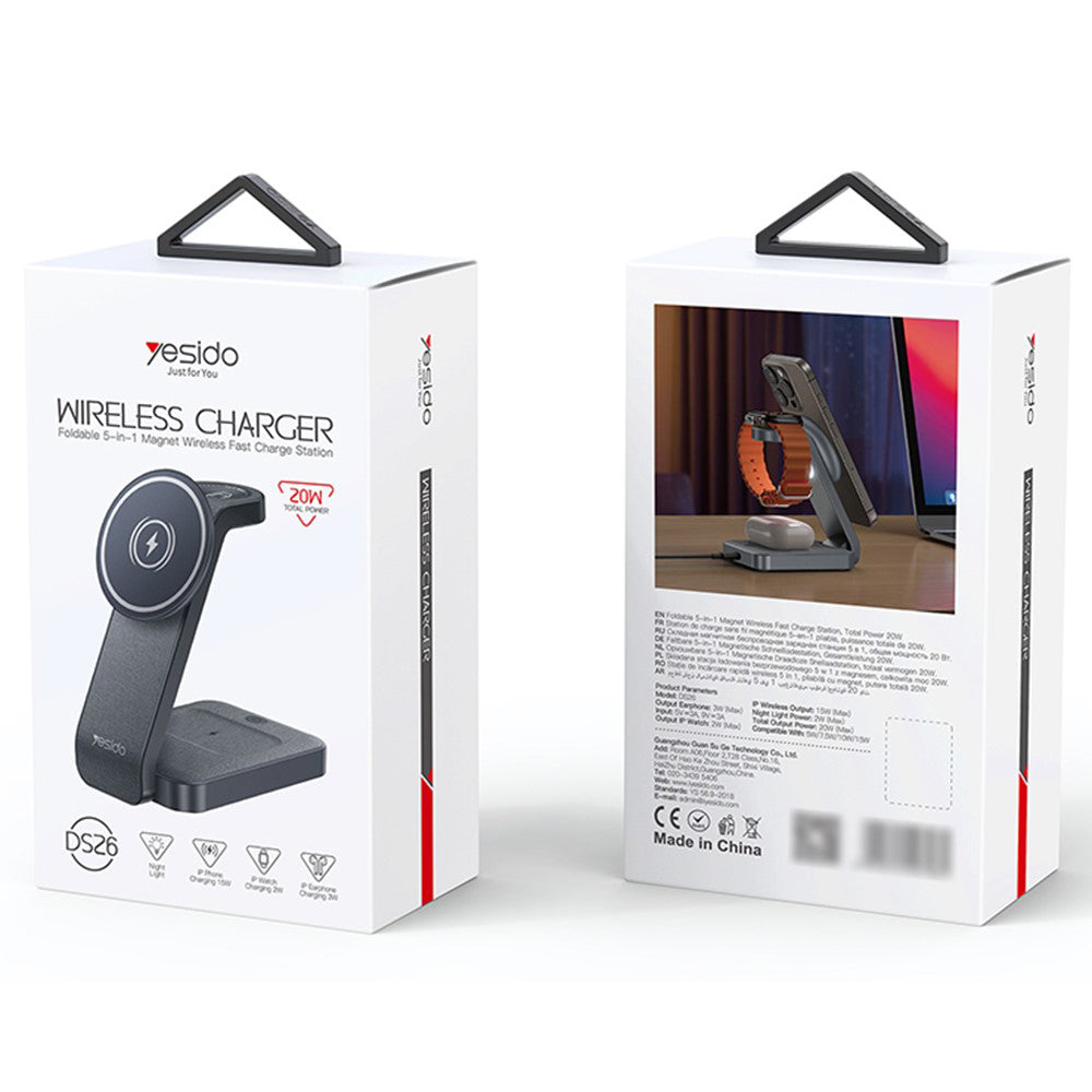 Yesido - Wireless Charging Station (DS26) - Magnetic, for Phone, Watch, Earbuds, Foldable, Stand, Night Light, 15W - Gre
