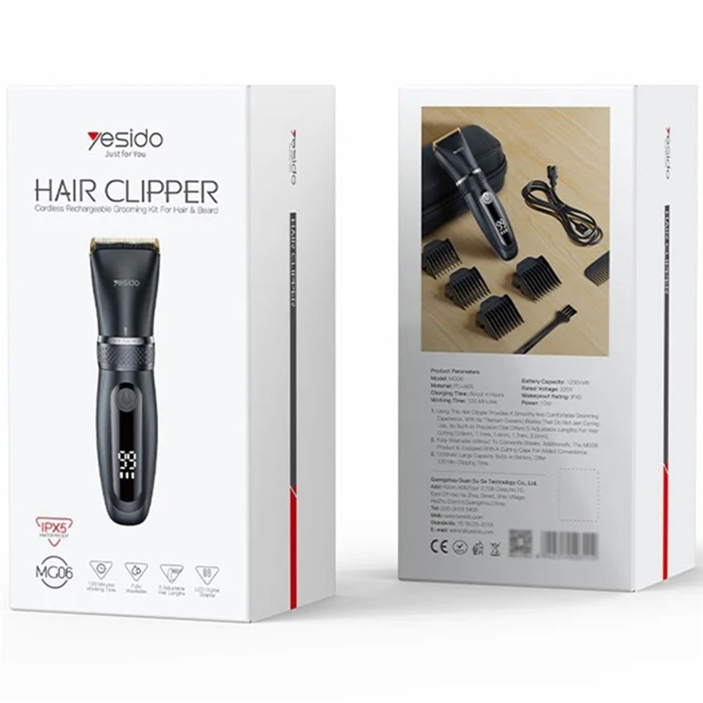 Yesido - Hair Clipper (MG06) - USB, 1200mAh, IPX5 Waterproof, Power Display, 5 Stages Length - Black
