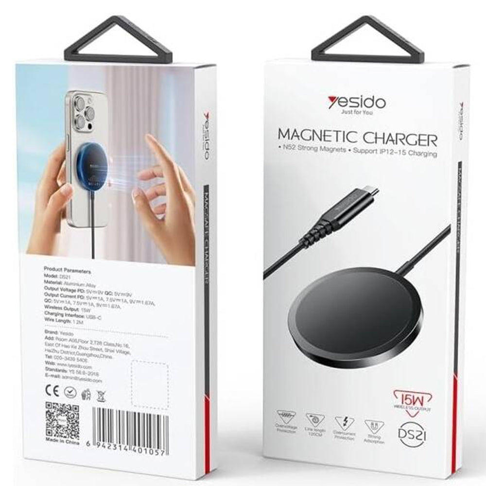 Yesido - Wireless Charging Station (DS21) - for iPhone, Fast Charging, N52 Magnets, Strong Adsorption, 15W, Type-C - Bla