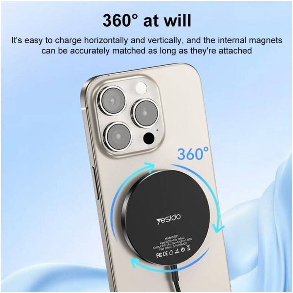 Yesido - Wireless Charging Station (DS21) - for iPhone, Fast Charging, N52 Magnets, Strong Adsorption, 15W, Type-C - Bla