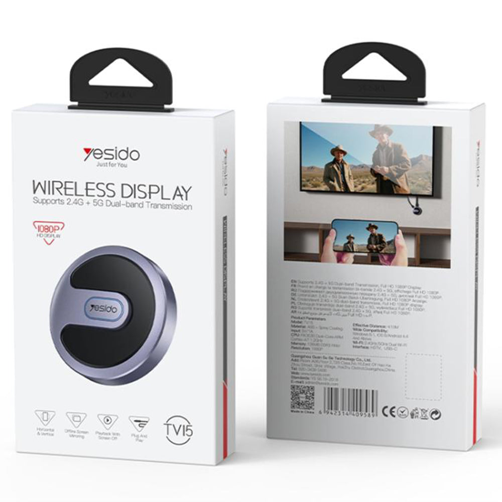 Yesido - Screen Mirroring Dongle (TV15) - Dual WiFi 2.4GHz/5GHz, HDTV, 1080P, 5V/1A - Gray