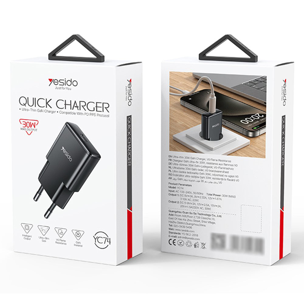 Yesido - Wall Charger (YC74) - GaN, Fast Charge, Ultra-Slim, Smart Chip, Type-C, PD30W, 5V/3A - Black