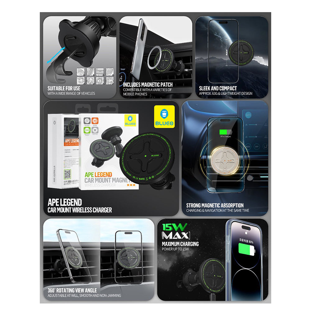 Blueo - Car Holder with Wireless Charging Ape Legend - for Air Vent, Type-C, 15W, 360 Rotation - Black