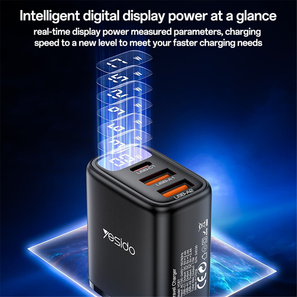 Yesido - Wall Charger (YC67) - with Digital Display, Quick Charge, for Phone, Tablet, 3in1, 2x USB, Type-C, 17W - Black