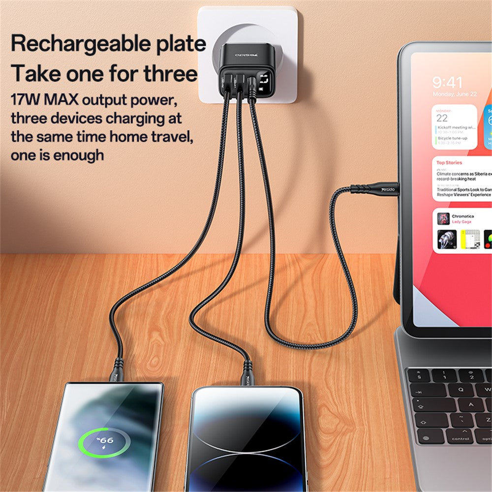 Yesido - Wall Charger (YC67) - with Digital Display, Quick Charge, for Phone, Tablet, 3in1, 2x USB, Type-C, 17W - Black