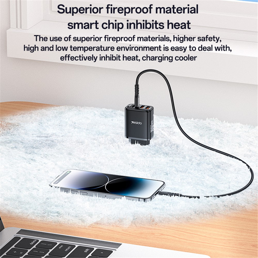 Yesido - Wall Charger (YC67) - with Digital Display, Quick Charge, for Phone, Tablet, 3in1, 2x USB, Type-C, 17W - Black