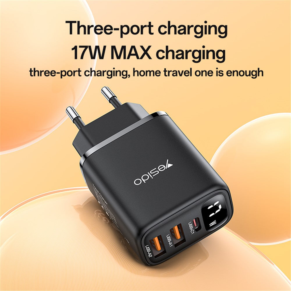 Yesido - Wall Charger (YC67) - with Digital Display, Quick Charge, for Phone, Tablet, 3in1, 2x USB, Type-C, 17W - Black