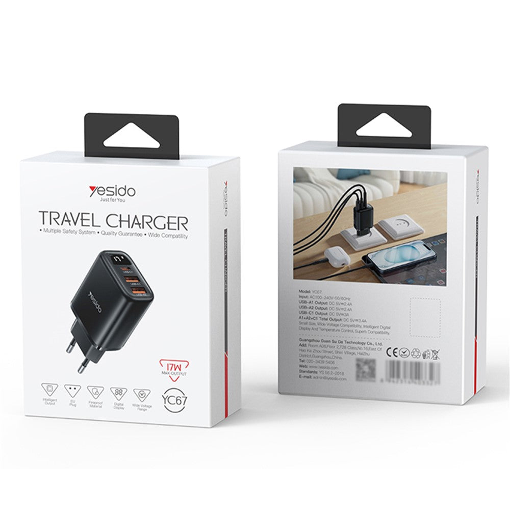 Yesido - Wall Charger (YC67) - with Digital Display, Quick Charge, for Phone, Tablet, 3in1, 2x USB, Type-C, 17W - Black