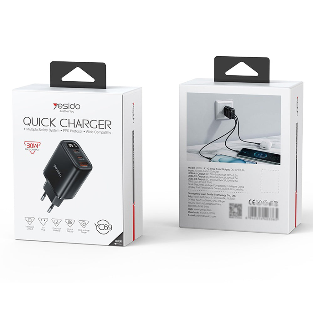 Yesido - Wall Charger (YC69) - with Digital Display, Fast Charge, for Phone, Tablet, Laptop, USB, 2x Type-C, 30W - Black