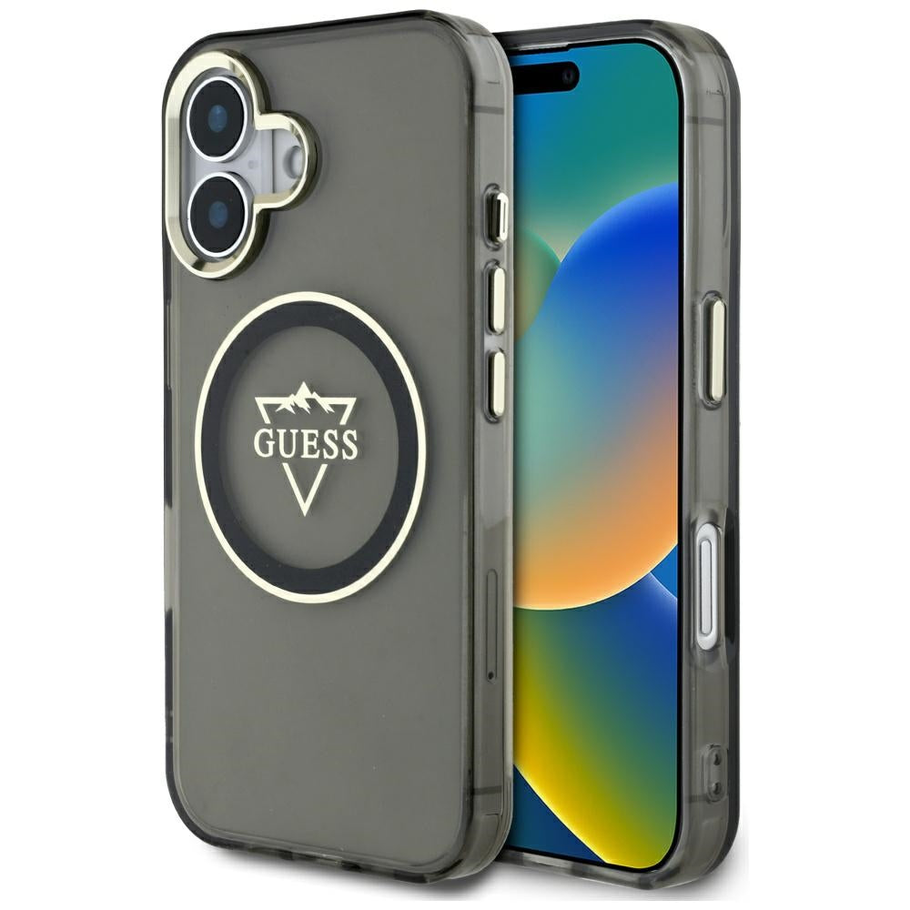 Husa pentru iPhone 16 - Guess IML Metal Mountain Logo MagSafe (GUHMP16SHFGTMSLSK) - Black
