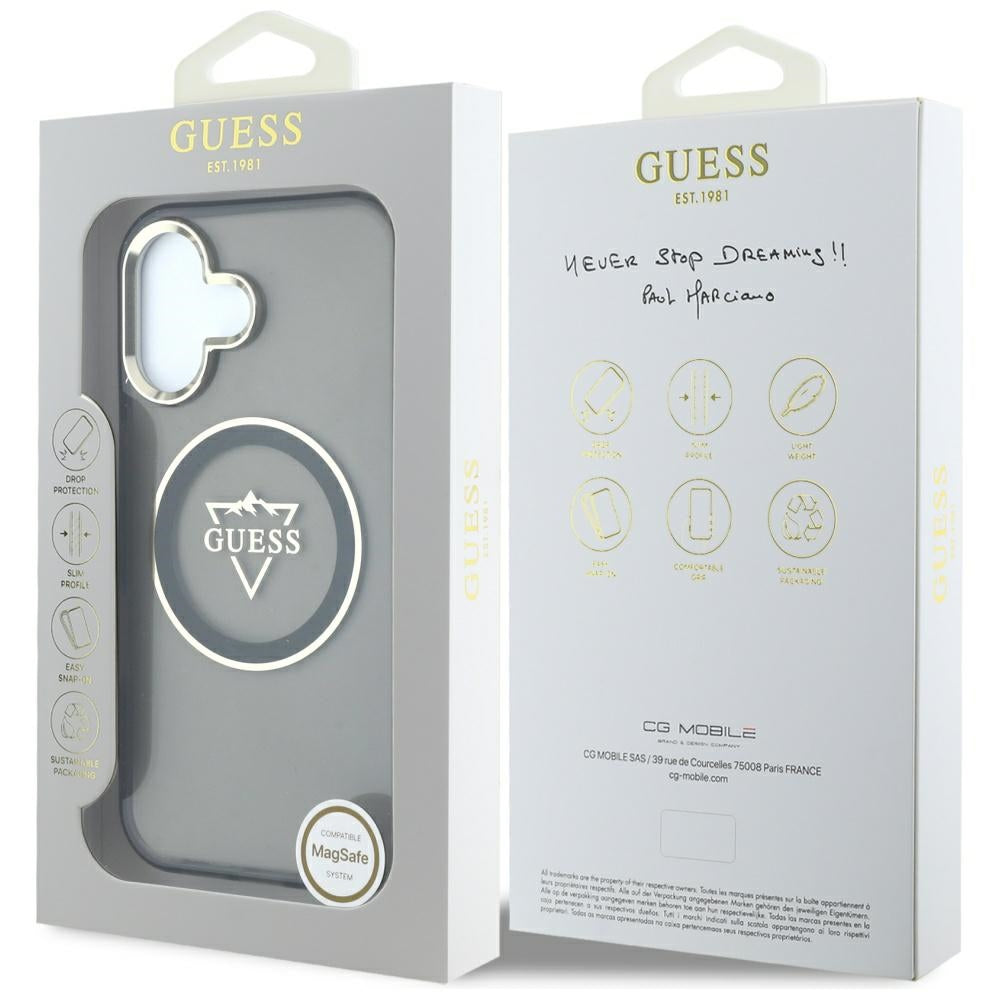 Husa pentru iPhone 16 - Guess IML Metal Mountain Logo MagSafe (GUHMP16SHFGTMSLSK) - Black