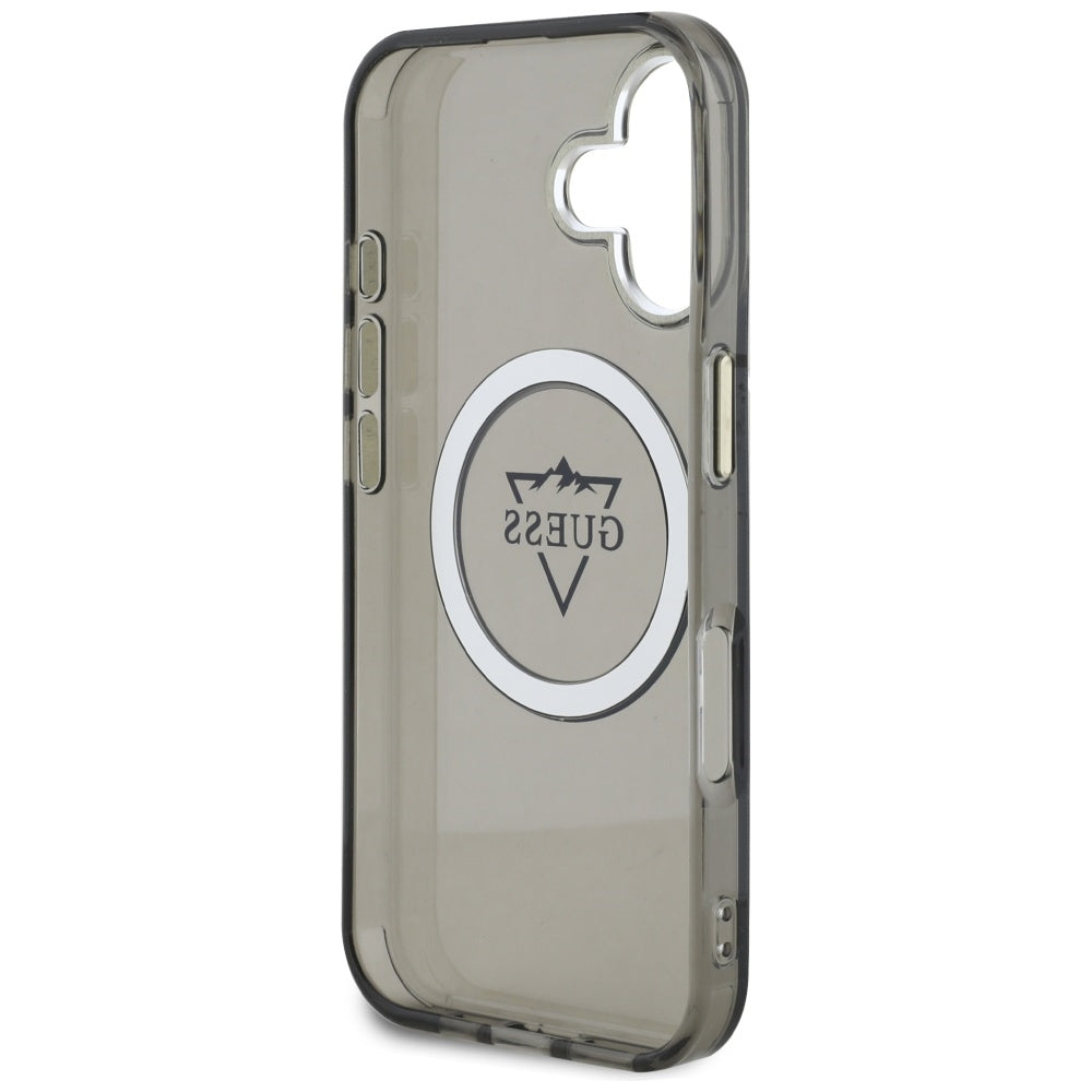 Husa pentru iPhone 16 - Guess IML Metal Mountain Logo MagSafe (GUHMP16SHFGTMSLSK) - Black