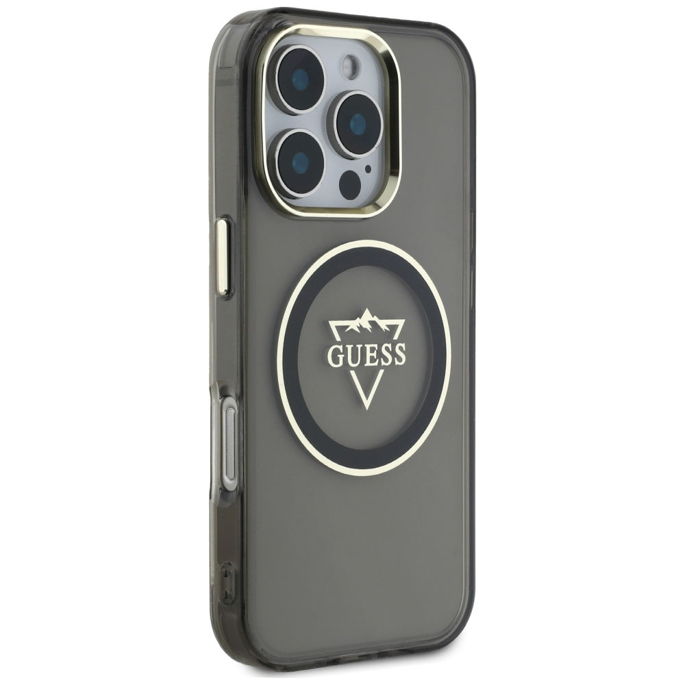 Husa pentru iPhone 16 Pro - Guess IML Metal Mountain Logo MagSafe (GUHMP16LHFGTMSLSK) - Black