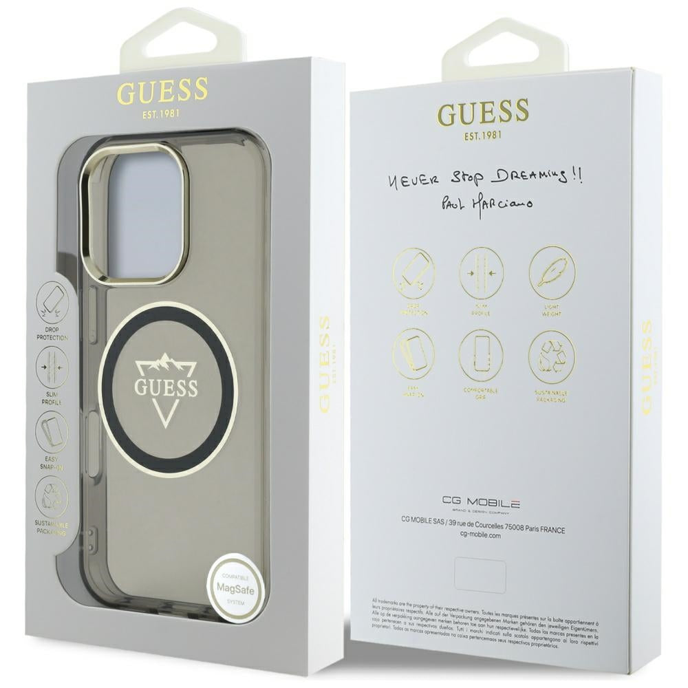 Husa pentru iPhone 16 Pro - Guess IML Metal Mountain Logo MagSafe (GUHMP16LHFGTMSLSK) - Black