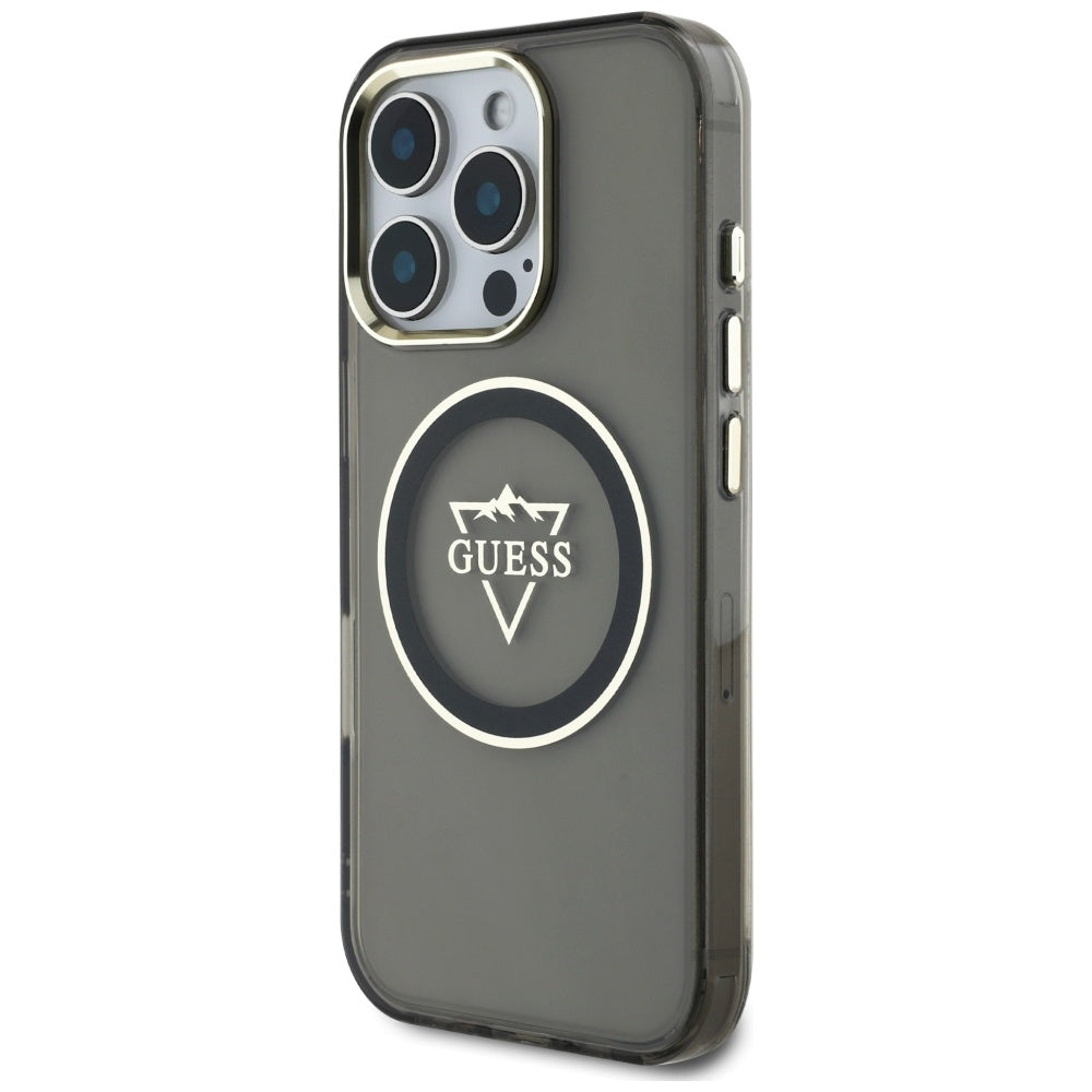 Husa pentru iPhone 16 Pro Max - Guess IML Metal Mountain Logo MagSafe (GUHMP16XHFGTMSLSK) - Black