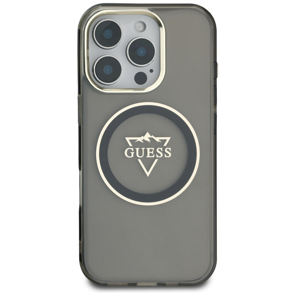 Husa pentru iPhone 16 Pro Max - Guess IML Metal Mountain Logo MagSafe (GUHMP16XHFGTMSLSK) - Black