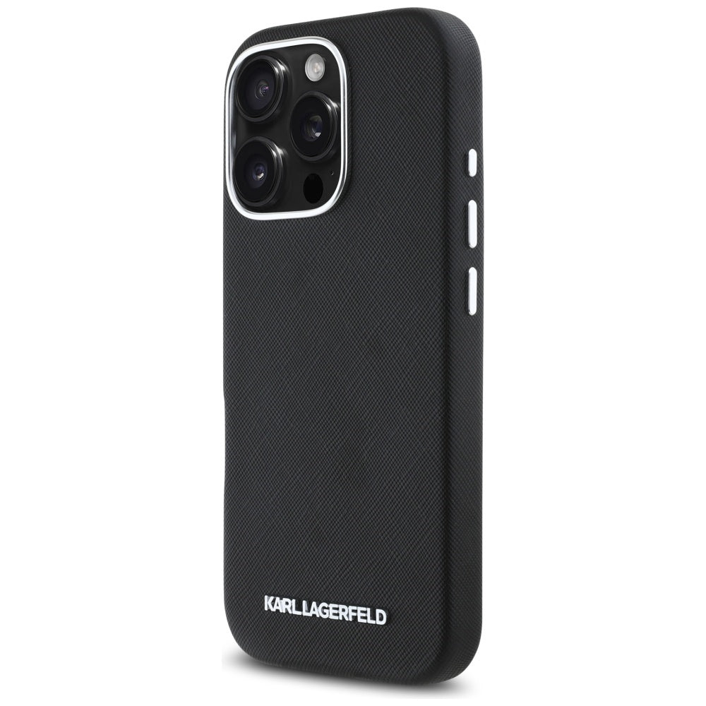 Karl Lagerfeld - Saffiano Full Wrapped Elongated Metal Logo MagSafe (KLHMP16LPSAFWMCK) - iPhone 16 Pro - Black
