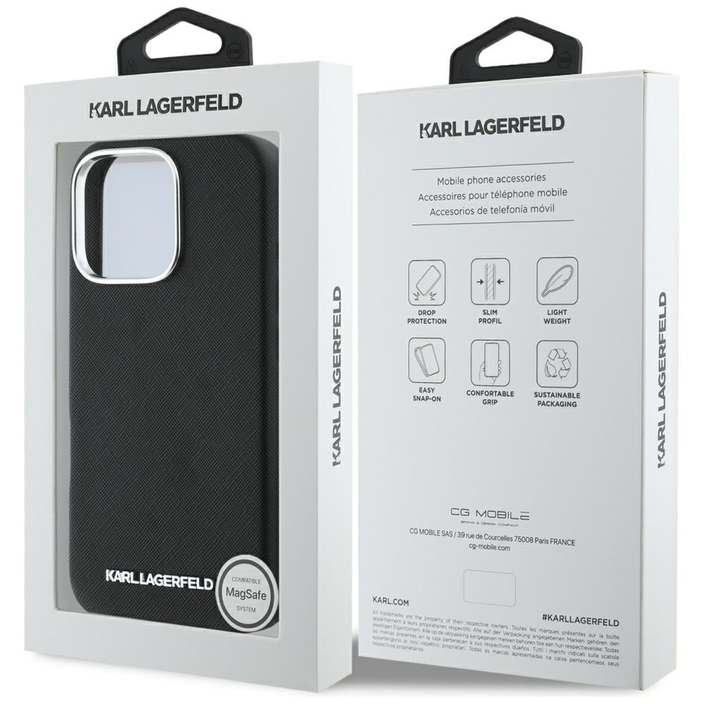 Karl Lagerfeld - Saffiano Full Wrapped Elongated Metal Logo MagSafe (KLHMP16LPSAFWMCK) - iPhone 16 Pro - Black