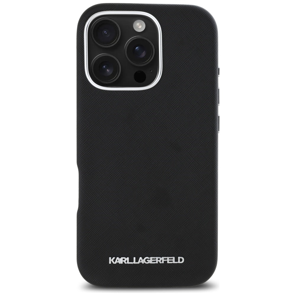 Karl Lagerfeld - Saffiano Full Wrapped Elongated Metal Logo MagSafe (KLHMP16LPSAFWMCK) - iPhone 16 Pro - Black